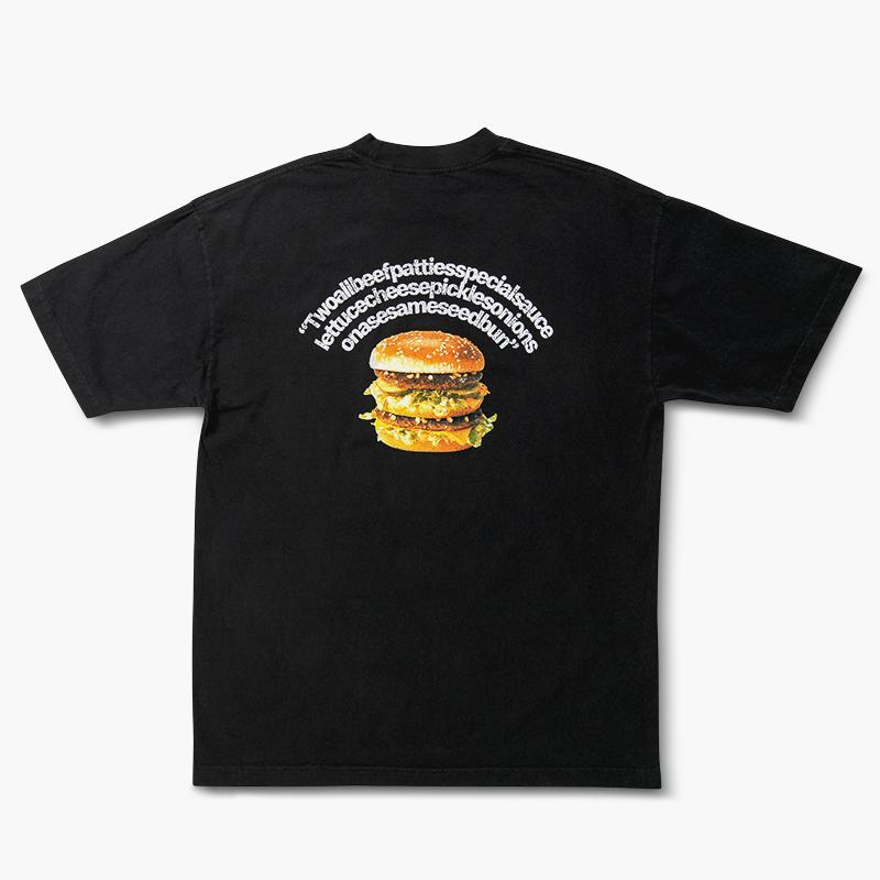 View Apparel Collection, image black big mac shirt with jingle in white text and photo of big mac