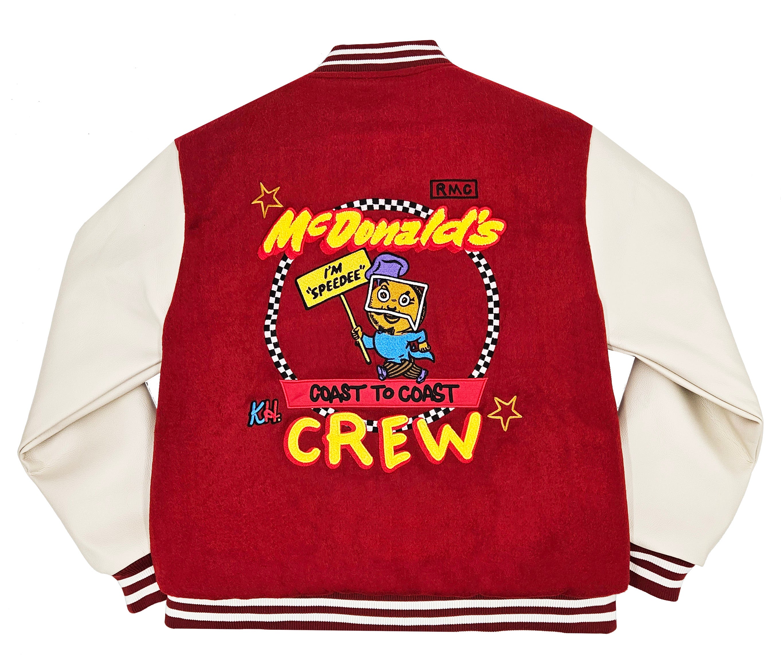 Back view of Red Letterman jacket with McDonald's Crew and coast to coast text. Kendall Hurns embroidery with stars