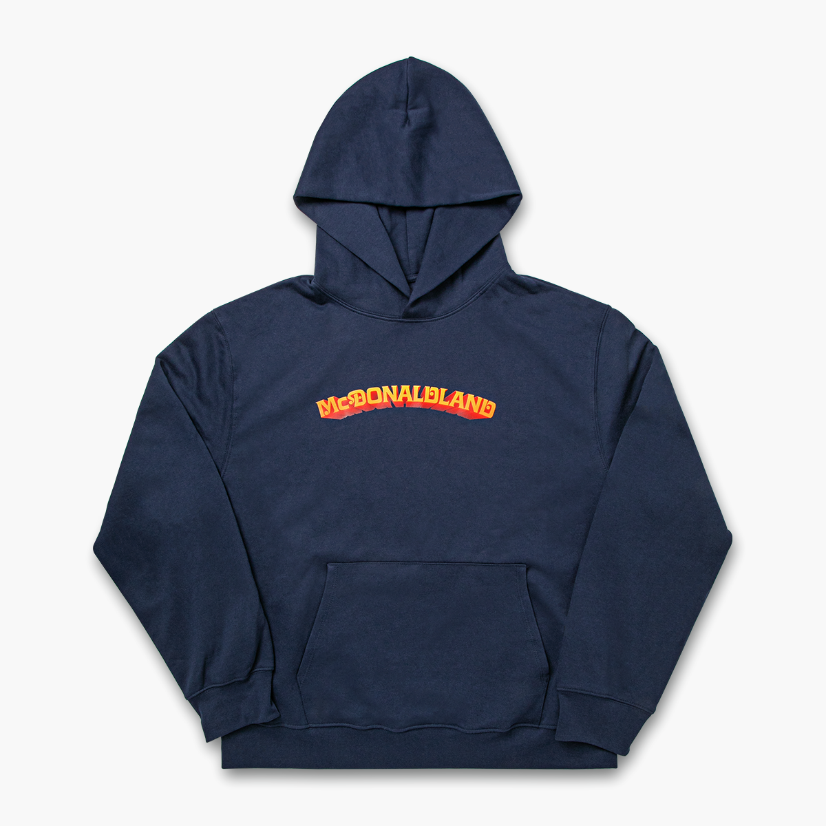 Front view of navy blue hoodie with "McDonaldland" printed across upper chest in a bold red and gold vintage font