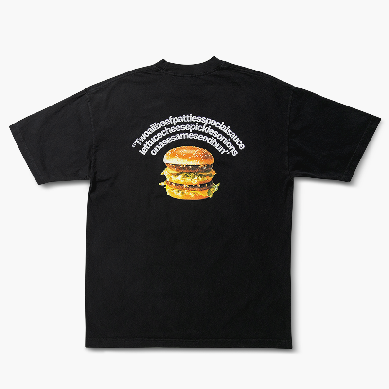 Oversized Black T-shirt with Big Mac Slogan in white text and big mac burger