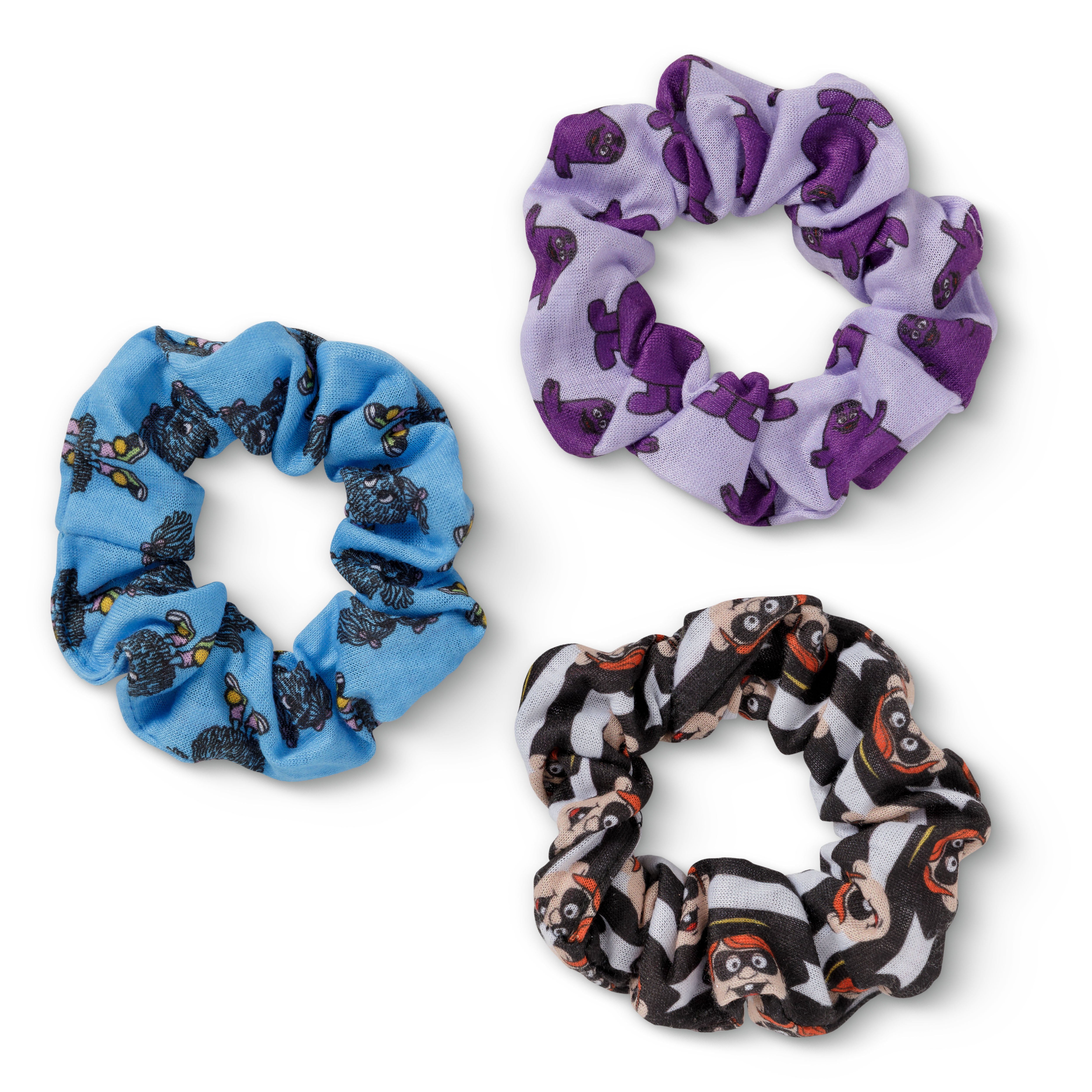 Black and white Hamburglar Scrunchie, Lavendar and Purple Grimace Scrunchie, Sky blue Blue Fry Friend scrunchie