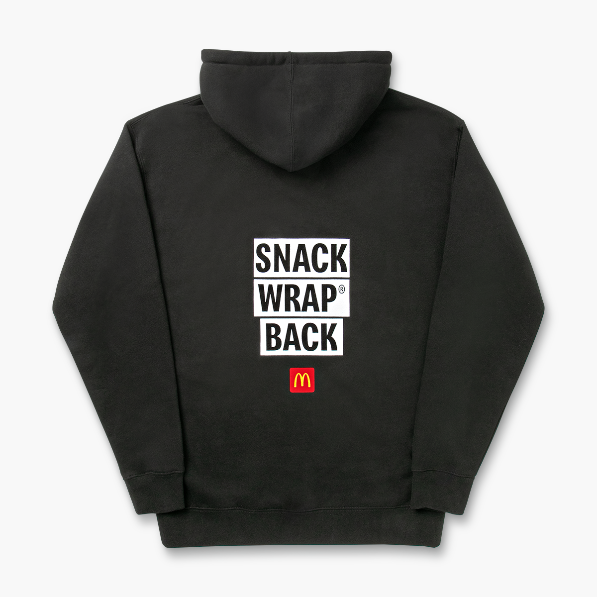 View Back of black hoodie with words “Snack Wrap® Back” printed in black and McDonald’s logo underneath
