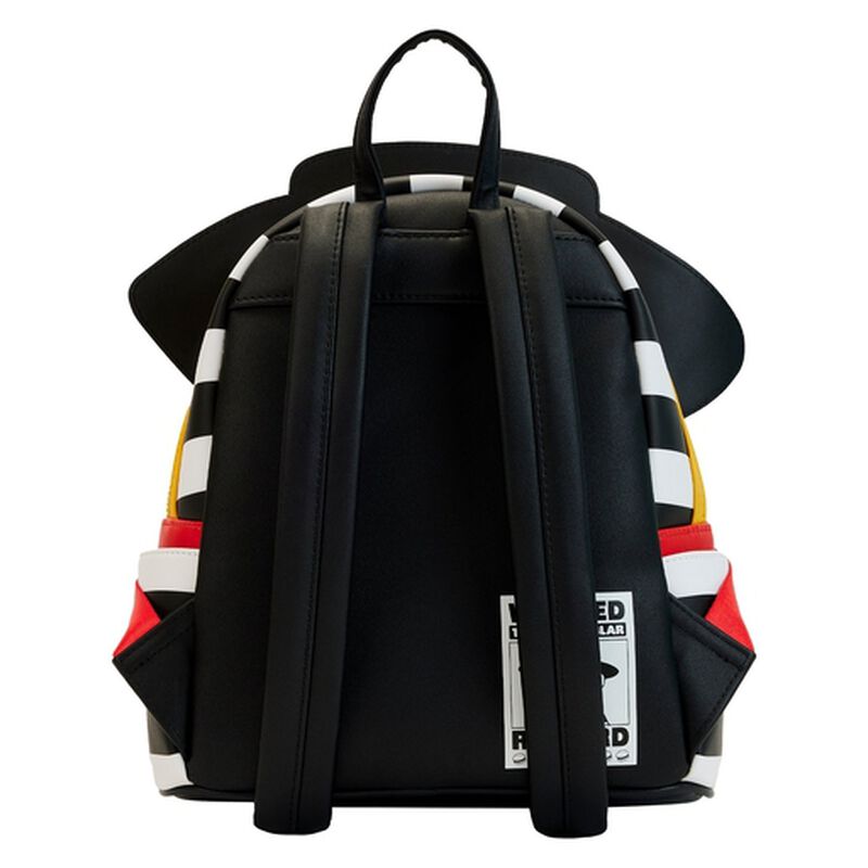 Back view Black and White Hamburglar Backpack with Red Hamburger Tie, black backpack straps, wanted posted in bottom corner