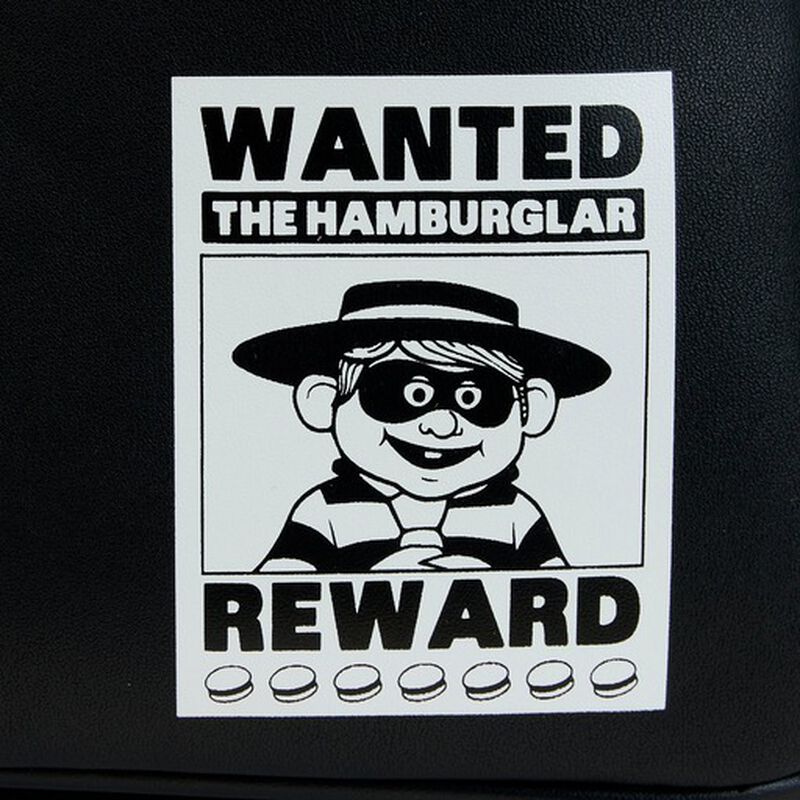 Backpack detail Hamburglar Wanted Posted with Reward in Black in White
