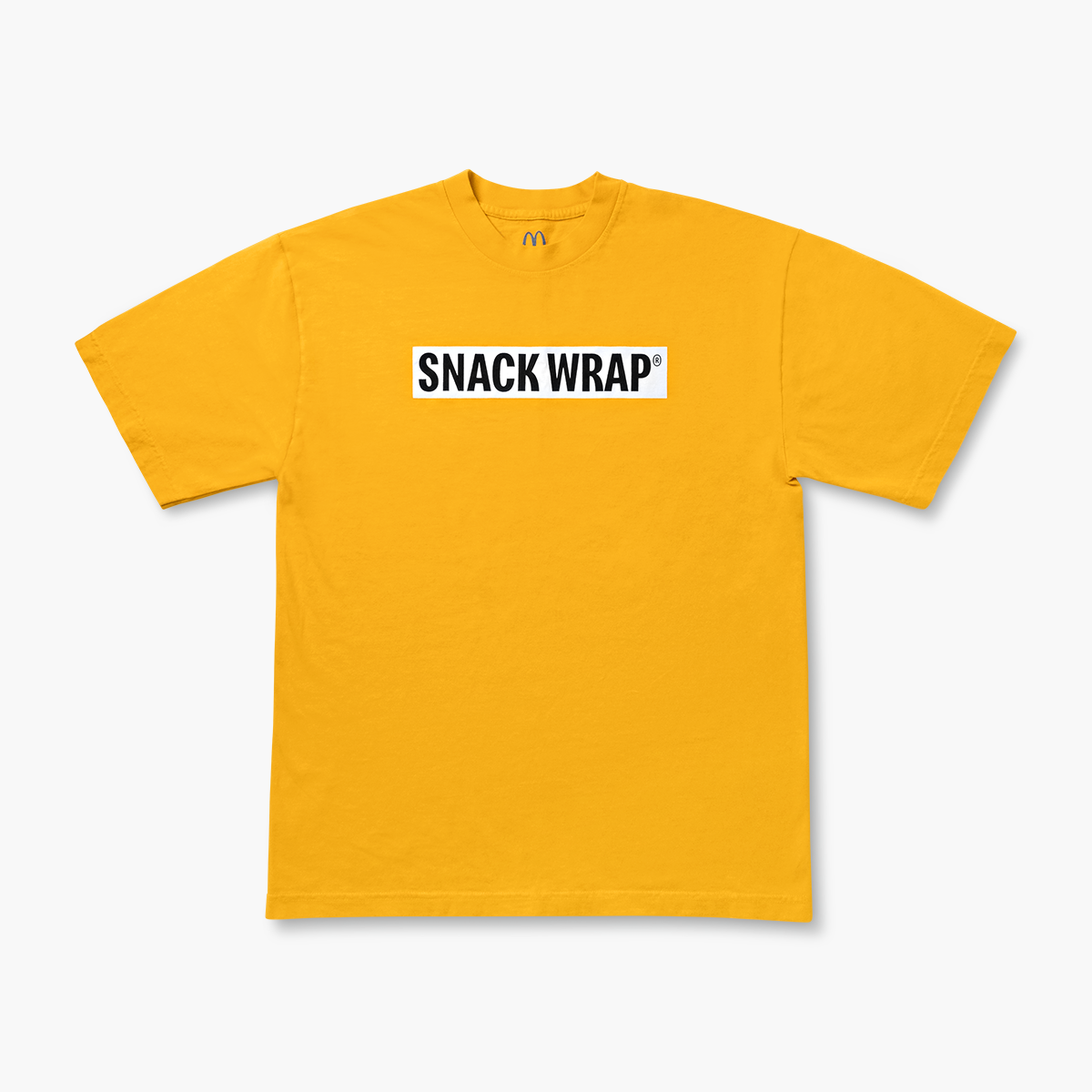 Front of T-shirt with words “Snack Wrap” printed in black across chest