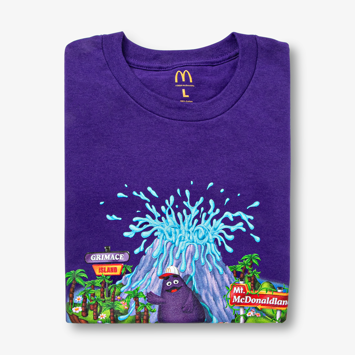 Folded, up-close up view of Grimace on his island wearing a McDonald's trucker hat in front of Mt. McDonaldland