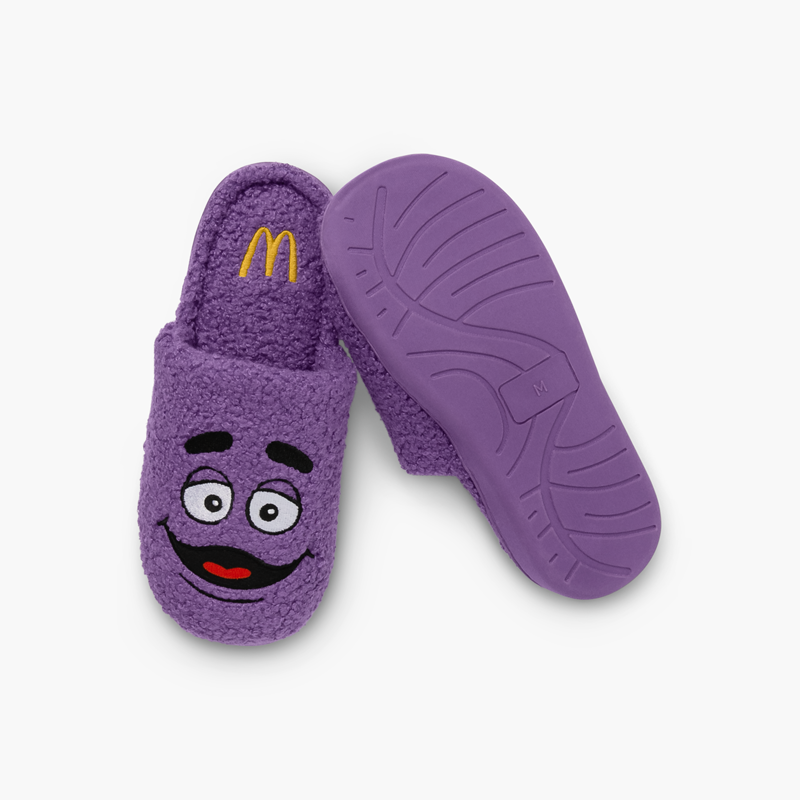 Stacked Purple Grimace Slippers with Grimace Face and Golden Arches Logo on inner heel