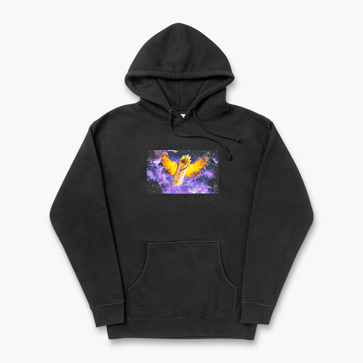 Oversized black hoodie with printed image of McDonald’s Snack Wrap with flaming wings in space
