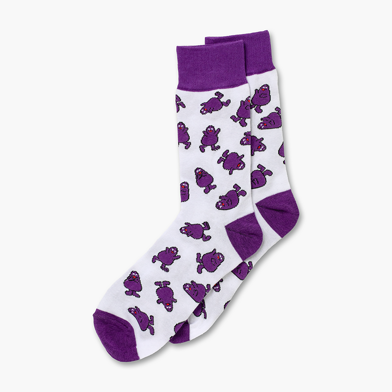 Purple and white repeated pattern grimace socks