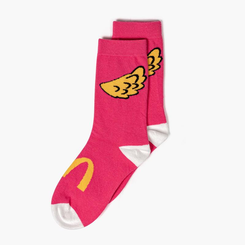 hot pink ankle socks with white toe and heel, McDonald's logo, and mustard yellow ankle wings