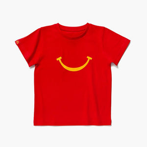 red crew neck t-shirt with yellow McDonald's Happy Meal smile in the center