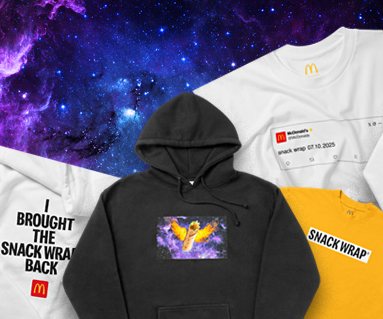 View Snack Wrap Collection Image of White Hoodie, White T-shirt, Yellow T-shirt, Black Hoodie on Galaxy background.
