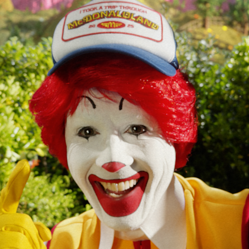 View the McDonaldland Souvenir Shop Collection. Image of Ronald McDonald in Blue and White Trucker hat in front of a green bush.