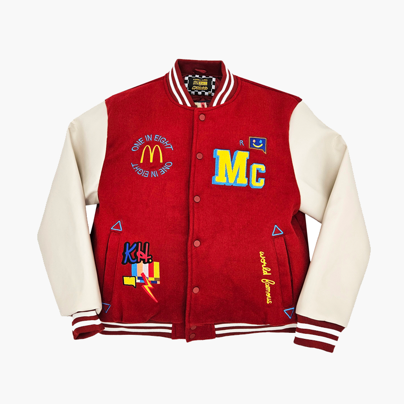 Red Varsity Jacket with 1 in 8 embroidered patches and Kendall Hurns (KH initials) 