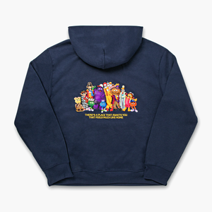 Back of hoodie with a group shot of McDonaldland's iconic characters above gold text that reads, "There's a place that awaits you that feels much like home"