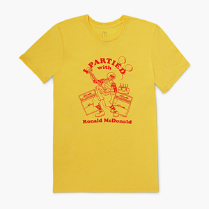 Yellow "I Partied with Ronald McDonald' T-shirt with red lettering