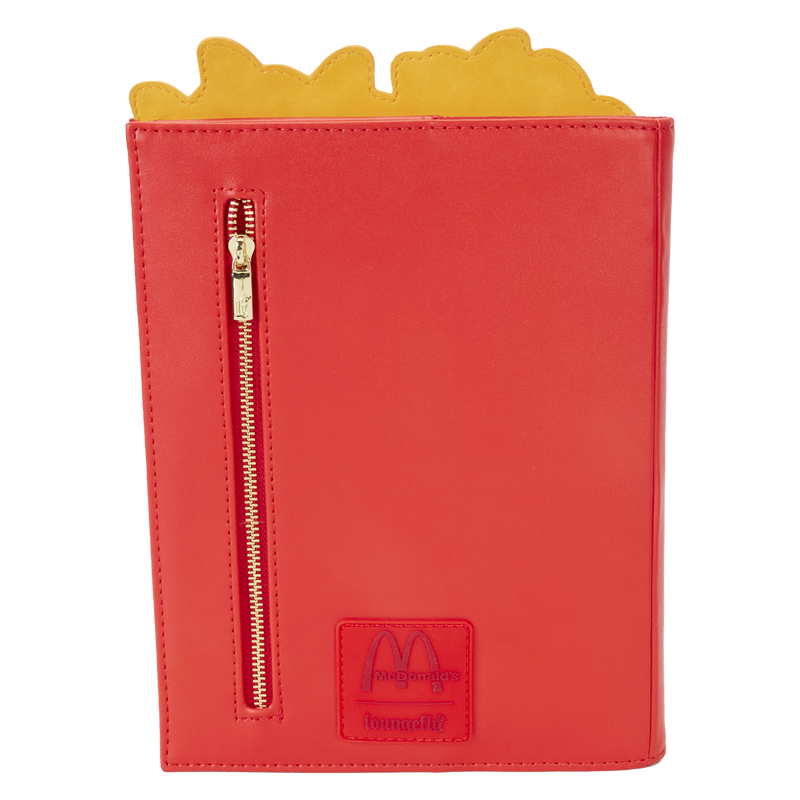 Back View of Red McDonald's french fry shaped notebook gold zipper and Mcdonald's and Loungefly logo on the bottom