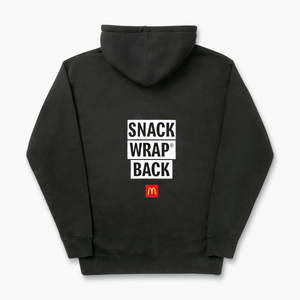 View Back of black hoodie with words “Snack Wrap® Back” printed in black and McDonald’s logo underneath