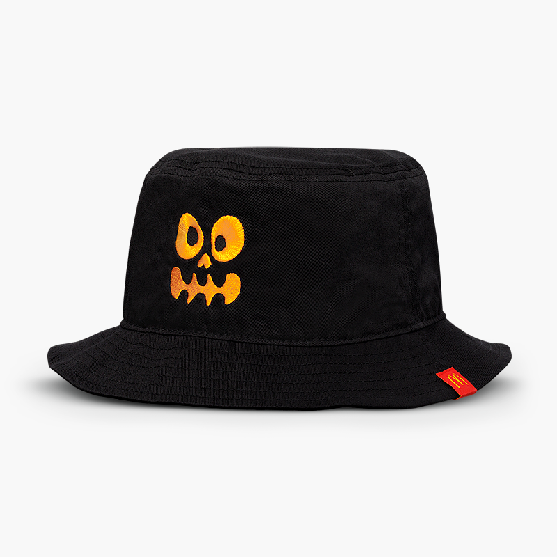 Black Bucket hat with red Mcdonald's tag with orange face embroidery 