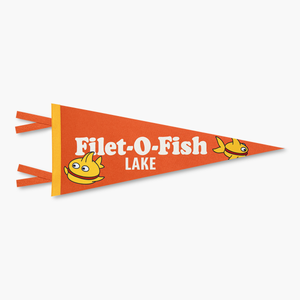 Close-up of orange and gold Filet-O-Fish Lake pennant flag with two sandwich-fish