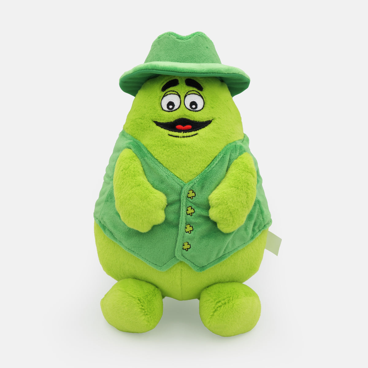 Front View Uncle O’Grimacey plush toy in bright green with embroidered face, shamrock vest, and matching green hat