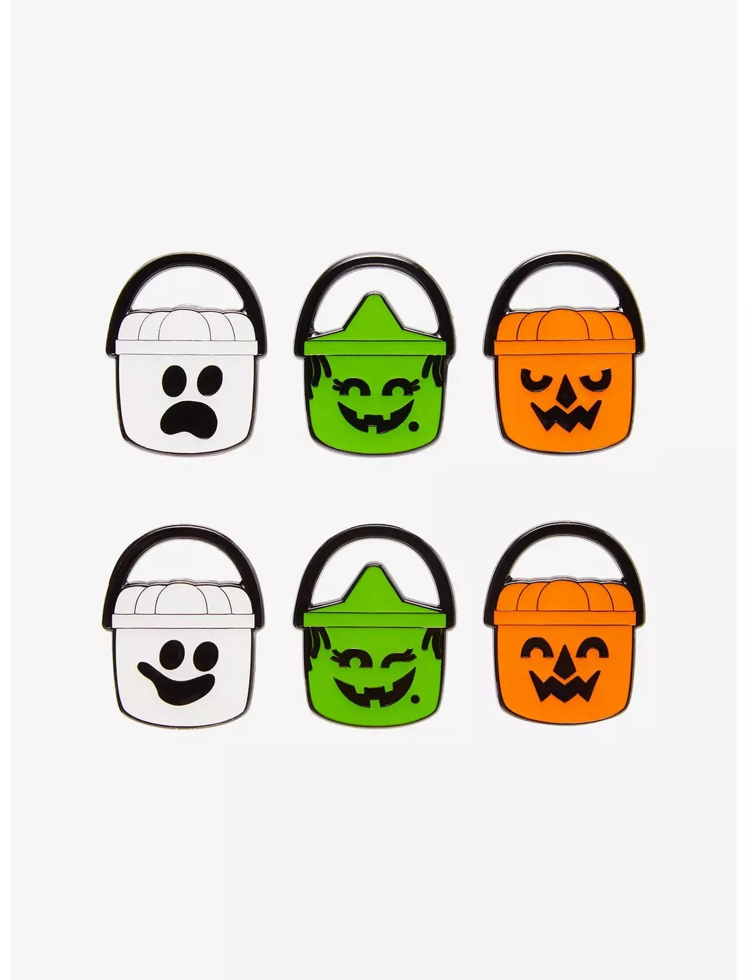 All six available Loungefly McBoo Bucket Pins, each making different faces. Designs include two white ghosts, two green goblins, and two orange pumpkins.