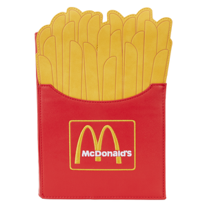 Front of Red McDonald's french fry shaped notebook with golden fries and logo on carton.