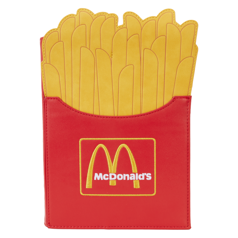 Front of Red McDonald's french fry shaped notebook with golden fries and logo on carton.