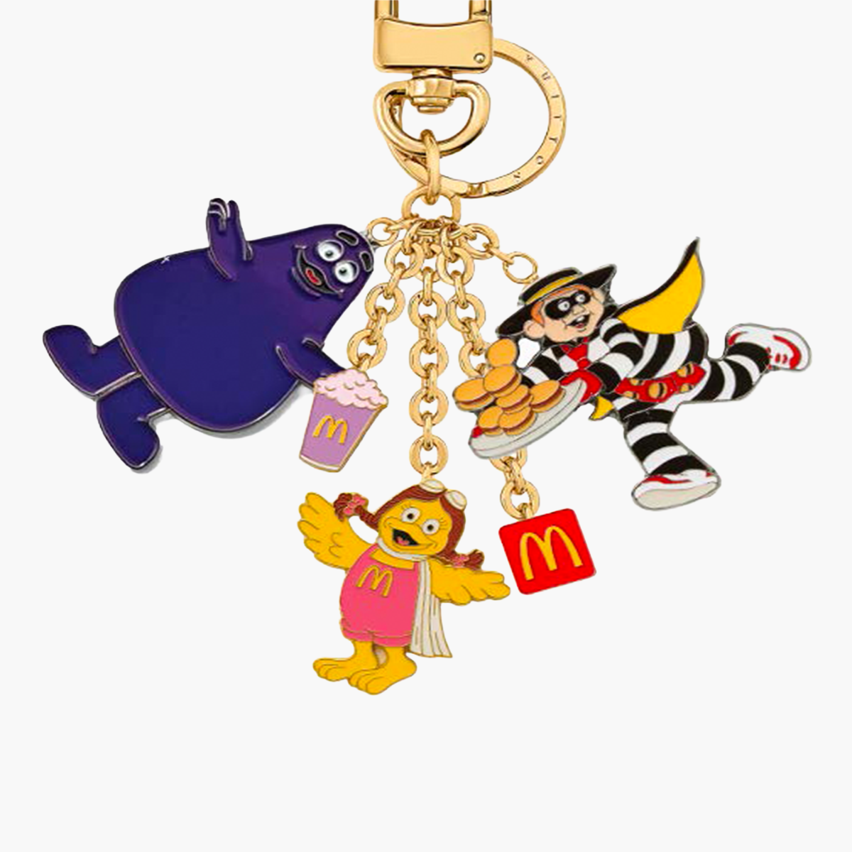 Front view of McDonald’s 5-charm brass-plated key ring featuring Grimace, Grimace Milkshake, Birdie, Hamburglar, and red McDonald’s logo token charm.