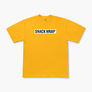 Front of T-shirt with words “Snack Wrap” printed in black across chest