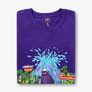 Folded, up-close up view of Grimace on his island wearing a McDonald's trucker hat in front of Mt. McDonaldland