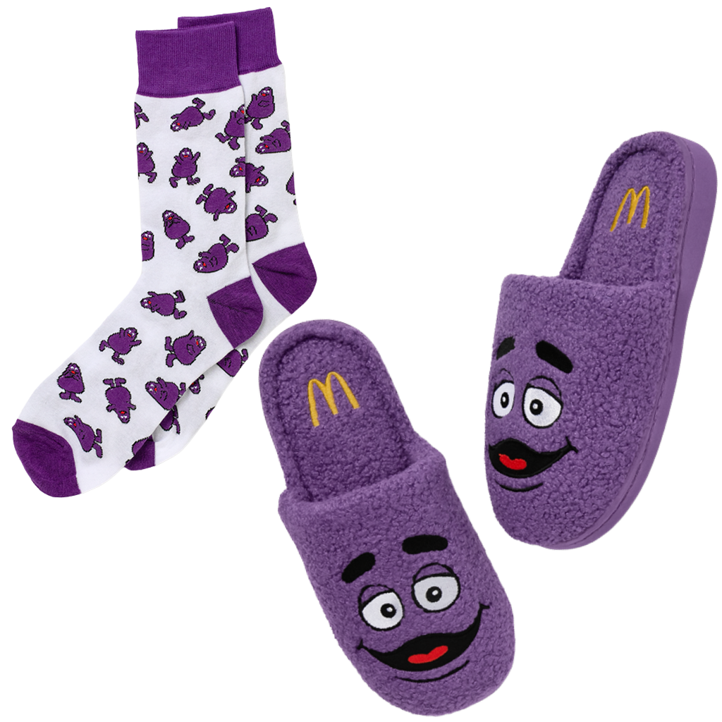 Grimace bundle Purple Grimace Slippers with Grimace Face and Golden Arches Logo on inner heel and White and Purple Grimace socks