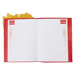Inside view of notebook with McDonald's logo and french fry design on the sides of a white ruled background