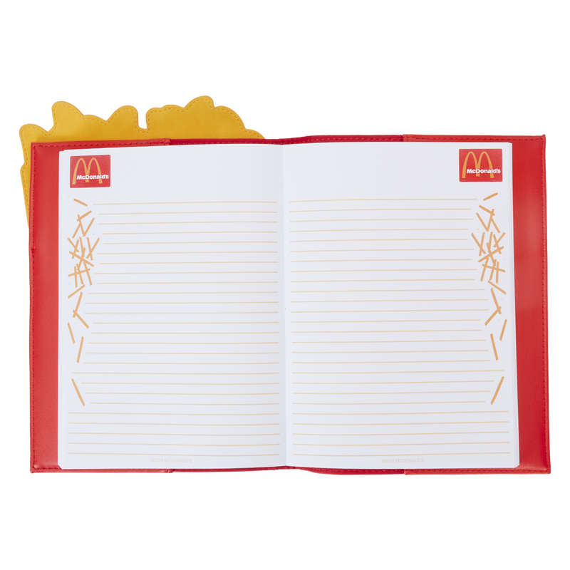 Inside view of notebook with McDonald's logo and french fry design on the sides of a white ruled background