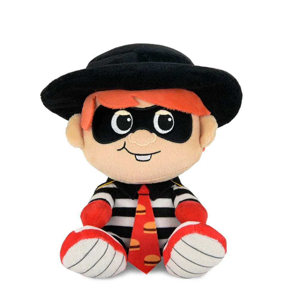 Front view of Hamburglar Phunny Plush by Kidrobot featuring the McDonaldland character in a black-and-white striped outfit with cape, hat, mask, and hamburger-print tie.