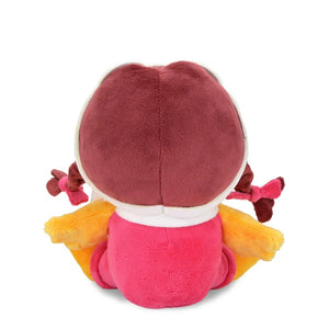 Back view of Birdie Phunny Plush by Kidrobot showing the pink jumpsuit, braided pigtails, and back of the aviator cap and goggles.