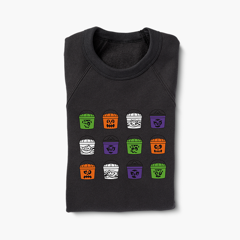 Folded Charcoal Black McBoo Sweatshirt with repeating pails in green, orange, white and purple.