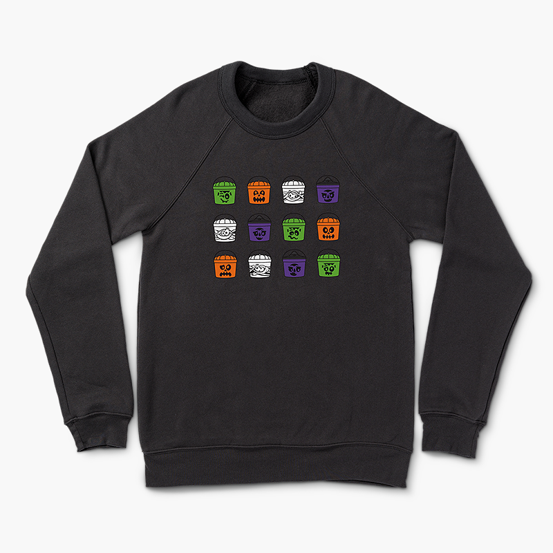 Charcoal Black Crewneck with McBoo Pails in Green, Orange, White and purple.