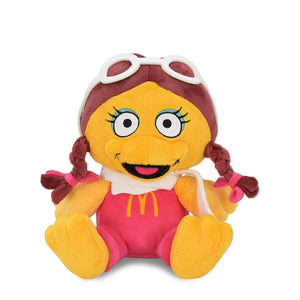Front view of Birdie Phunny Plush by Kidrobot featuring the McDonaldland character in a pink jumpsuit with white goggles, white scarf, and braided pigtails.