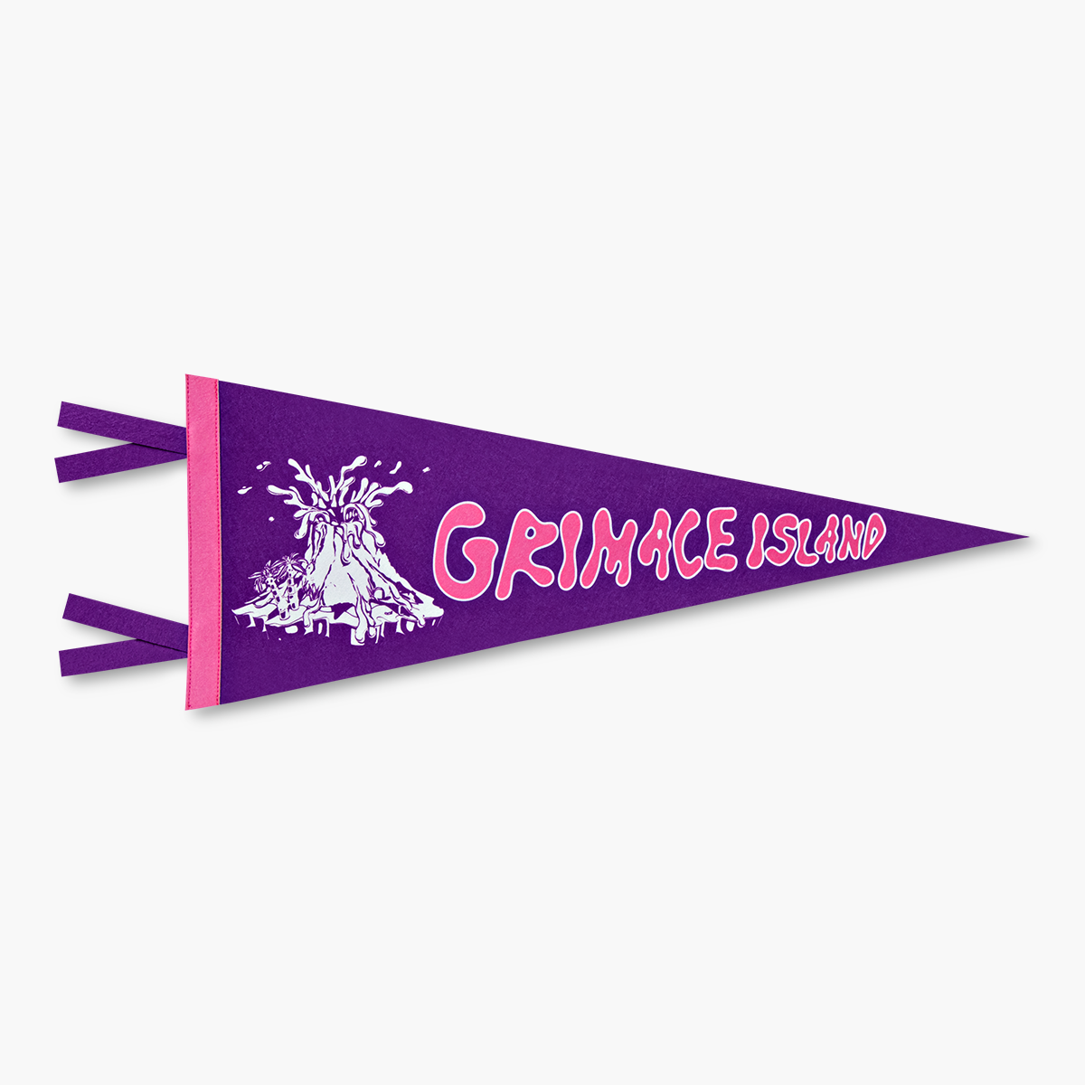 Close-up of purple and pink Grimace Island pennant flag with a white graphic of Mt. McDonaldland 