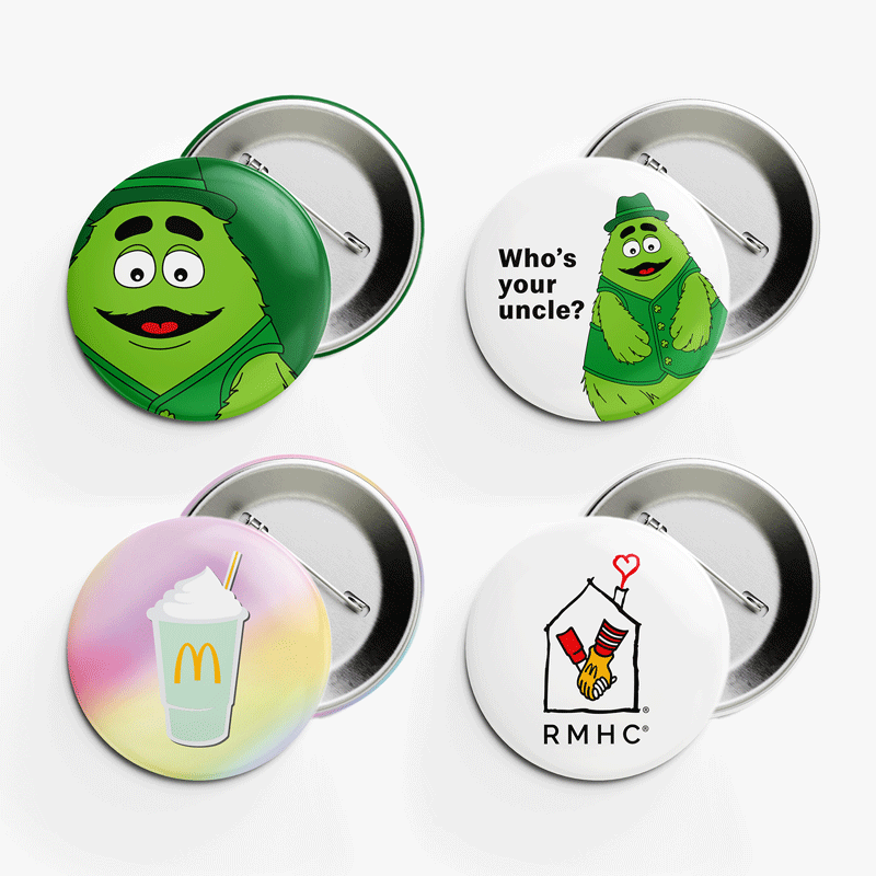 Four Mini Buttons featuring Uncle O'Grimacey, Shamrock Shake and RMHC