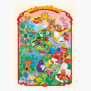 Puzzle Image McDonaldland 500-piece jigsaw puzzle featuring colorful artwork with Grimace, Hamburglar, Birdie, Mayor McCheese, and other classic McDonaldland characters in a whimsical landscape.