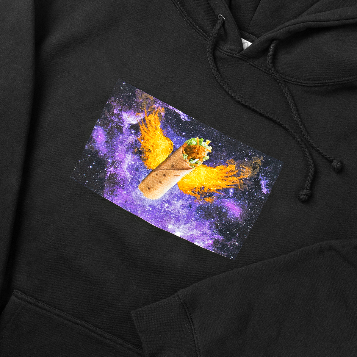 Close-up Snack Wrap with flaming wings in space