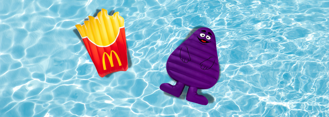 McDonald's Fry Pool Float and Grimace Pool Float in Pool Water