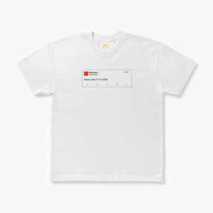 Front of T-shirt with McDonald’s Snack Wrap “X” post printed across chest