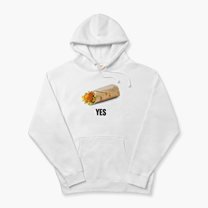 View Oversized white hoodie with McDonald’s Snack Wrap image and word “Yes” printed below it