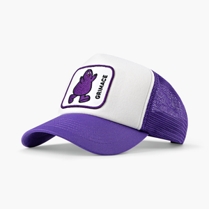 Full view of purple and white Grimace Trucker Hat