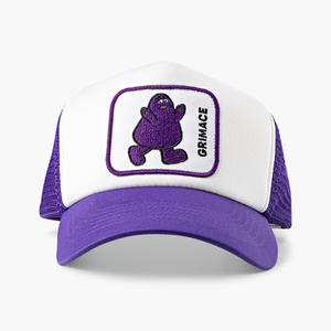Front view of hat with purple visor and white front crown with purple Grimace patch