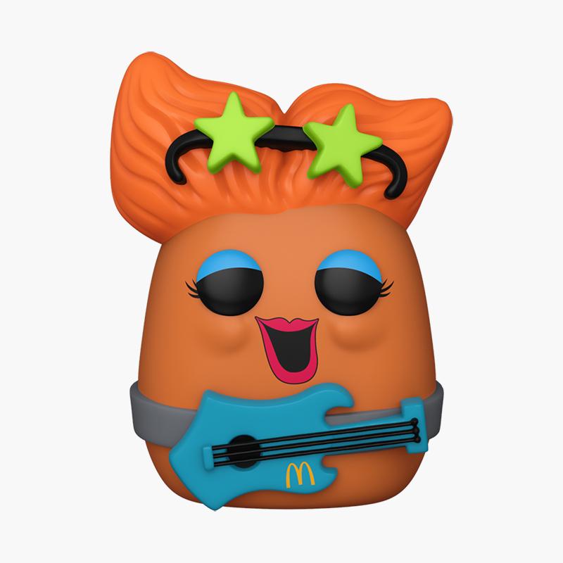 cute cartoon Rockstar McNugget action figure with green star sunglasses and electric blue guitar
