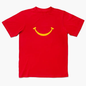 red crew neck t-shirt with yellow McDonald's Happy Meal smile in the center